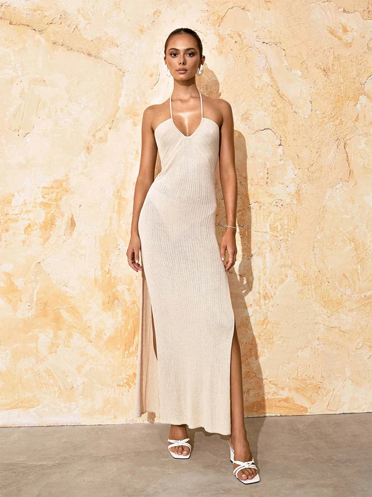 robe longue fendu beige