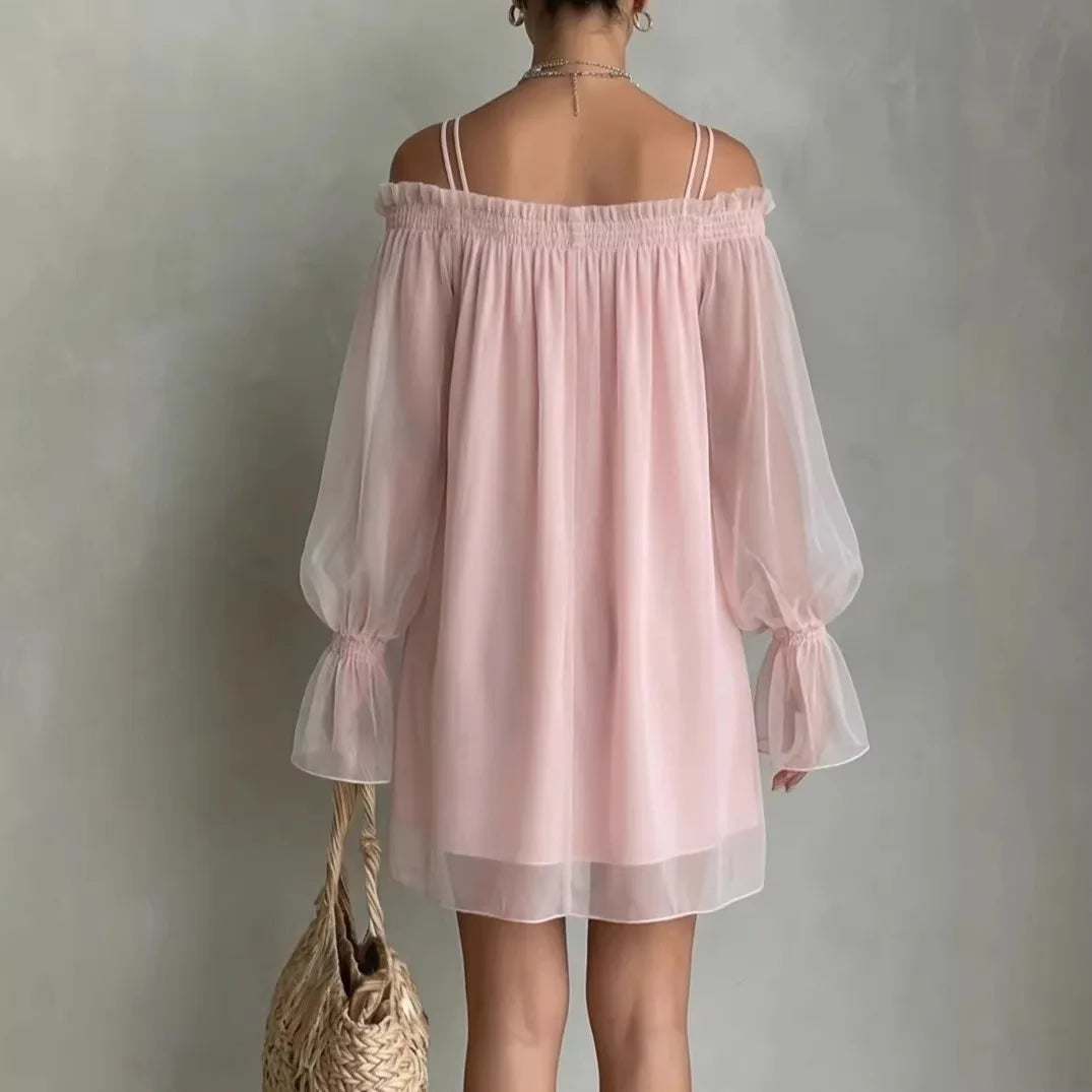 Robe Rose Élya – Mini robe fluide épaules dégagées