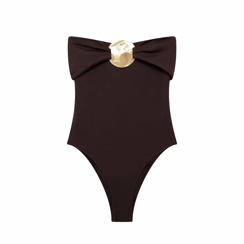 Body bustier femme noir ou marron avec bijou doré au col