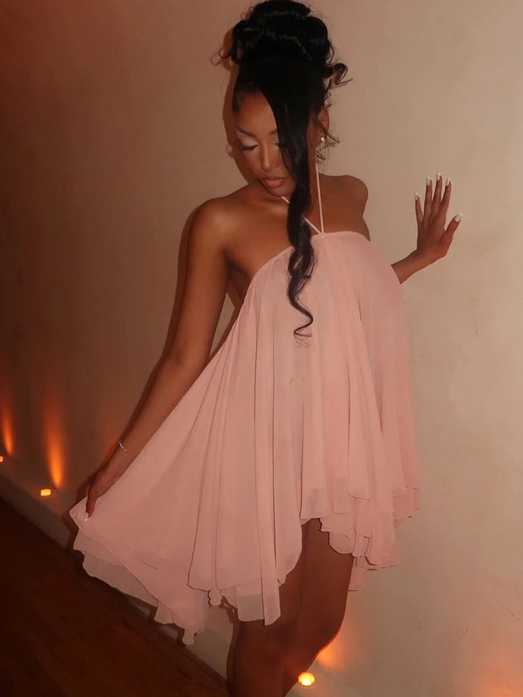 Kliou Y2K Style Mini Dress For Woman Lace-Up Halter Off Shoulder Backless Irregular Hem Hot Girls Street Ruched Elegant Bodycon