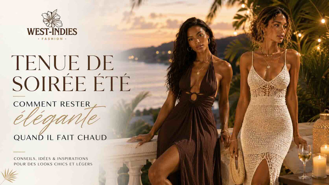 Visuel de couverture West Indies Fashion montrant deux femmes portant des robes de soirée d’été élégantes sur une terrasse tropicale au coucher du soleil, avec une ambiance chic, légère et estivale.