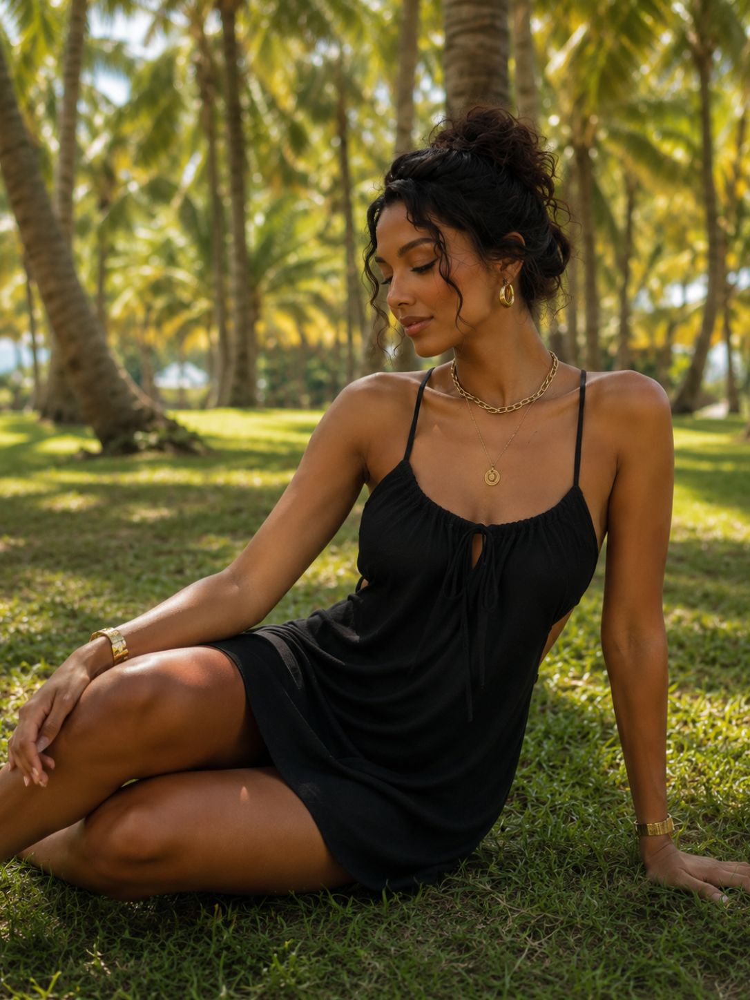 Naïa assise avec la robe Maéva noire, look vacances chic et estival