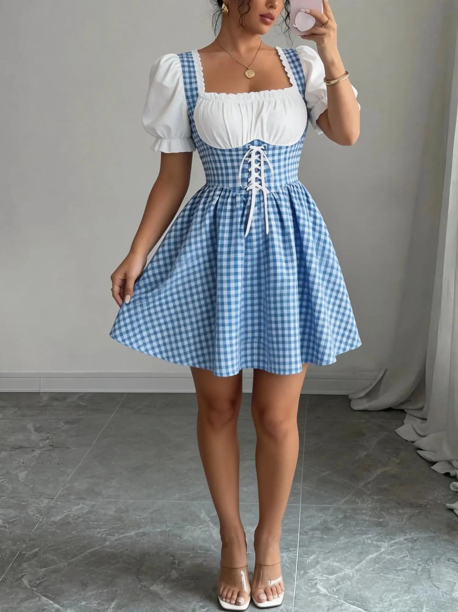 Robe Mila vichy bleu blanc à manches bouffantes