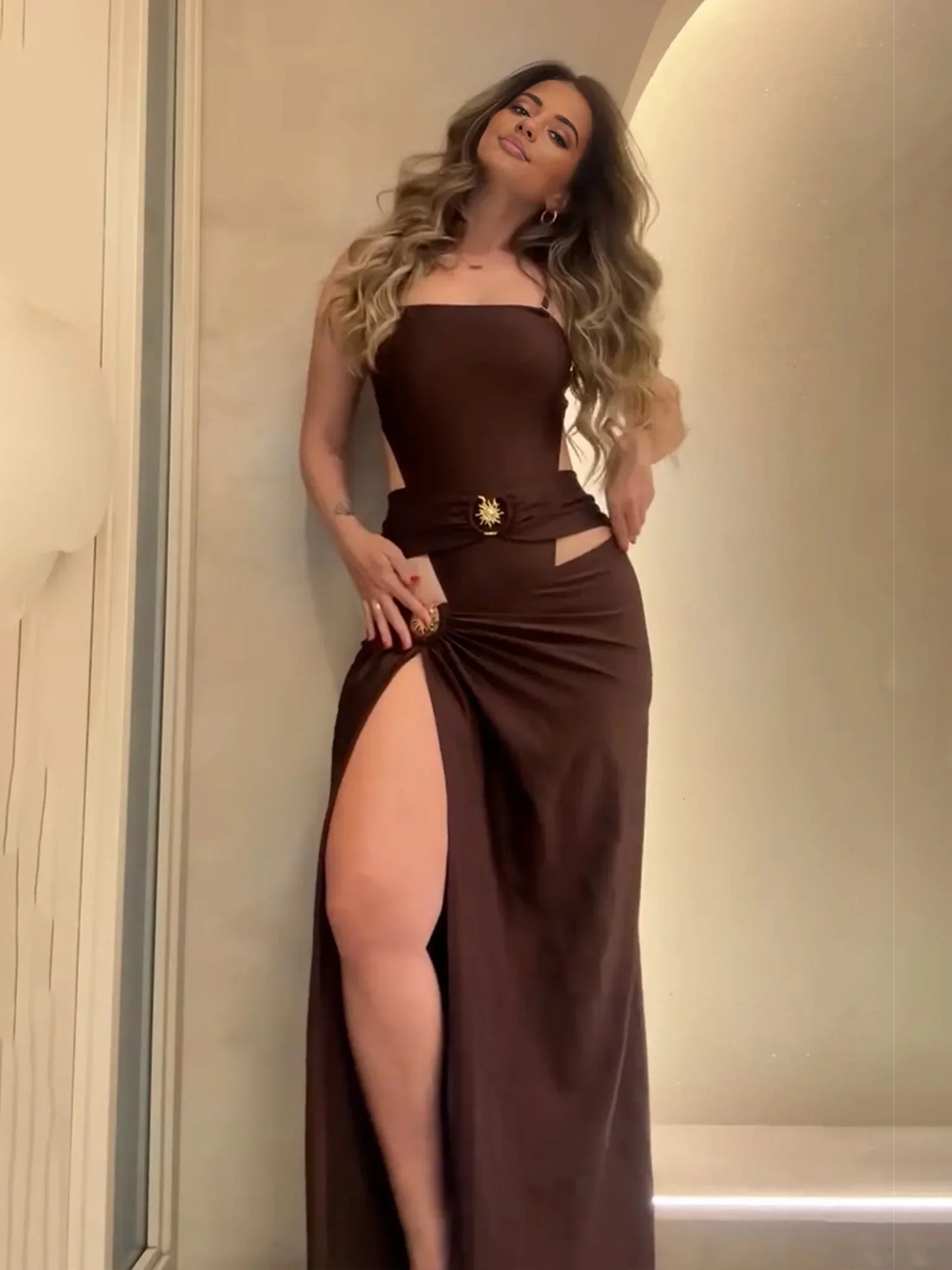 Ensemble 2 pièces chocolat avec broche soleil – Amalya