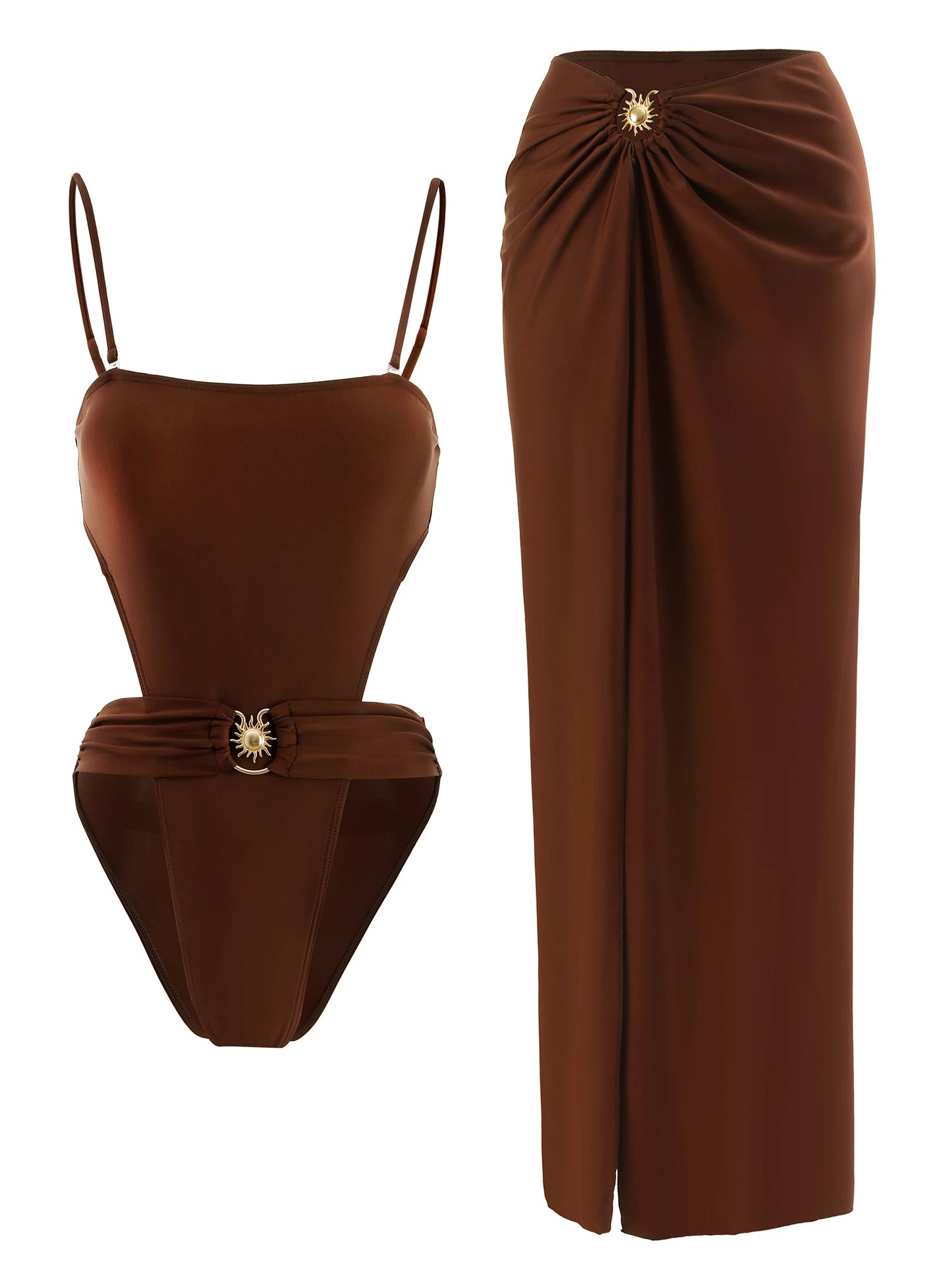 Ensemble 2 pièces chocolat avec broche soleil – Amalya