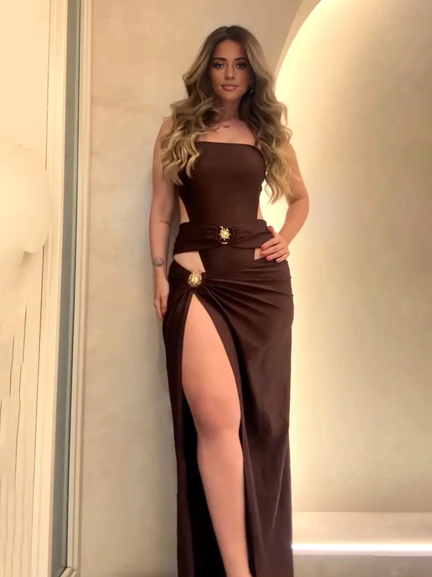 Ensemble 2 pièces chocolat avec broche soleil – Amalya