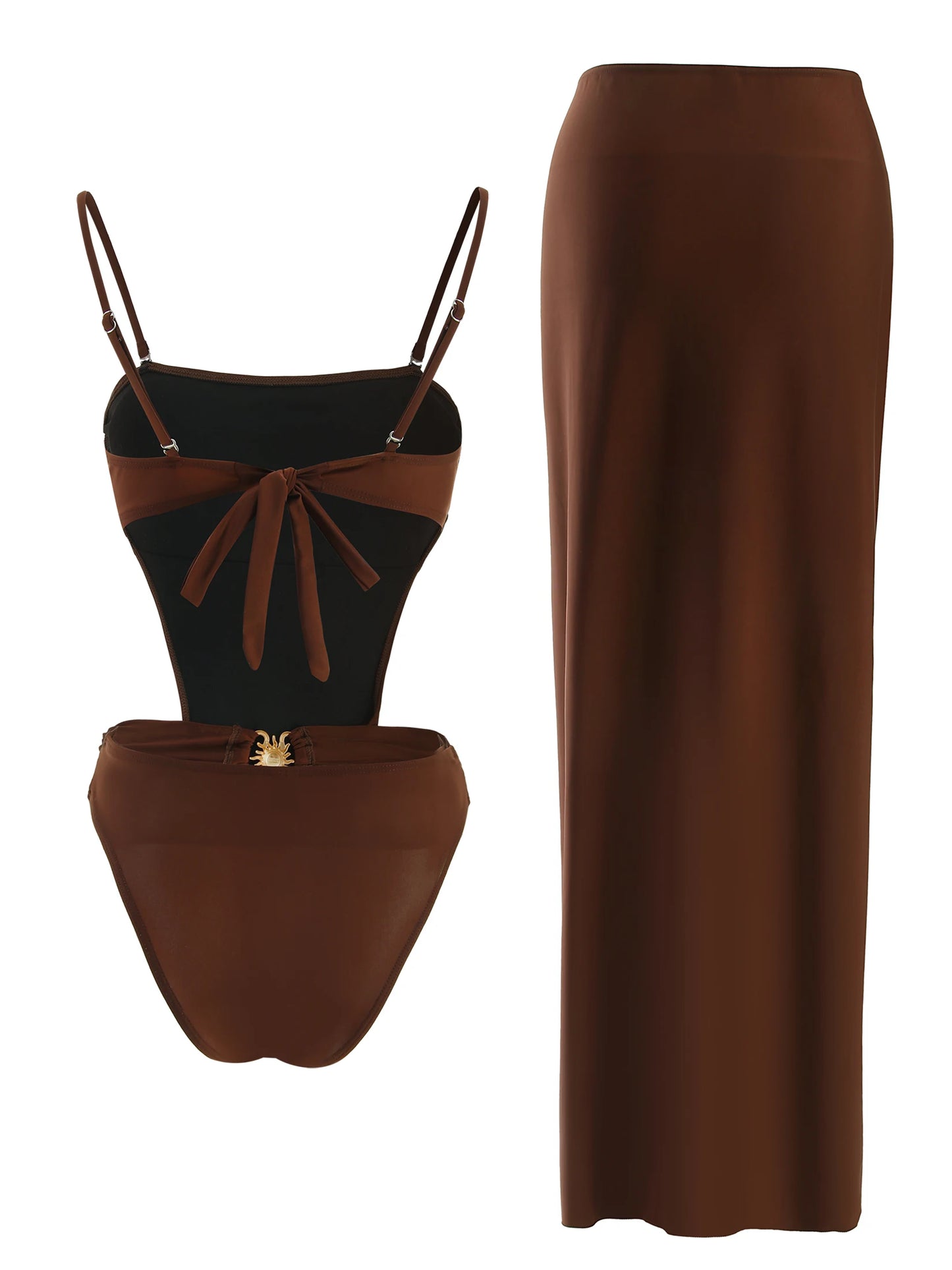 Ensemble 2 pièces chocolat avec broche soleil – Amalya