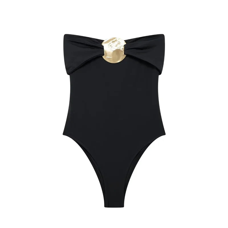 Body bustier femme noir ou marron avec bijou doré au col