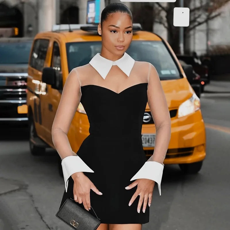 Robe Noire Chic à Col Chemise Blanc