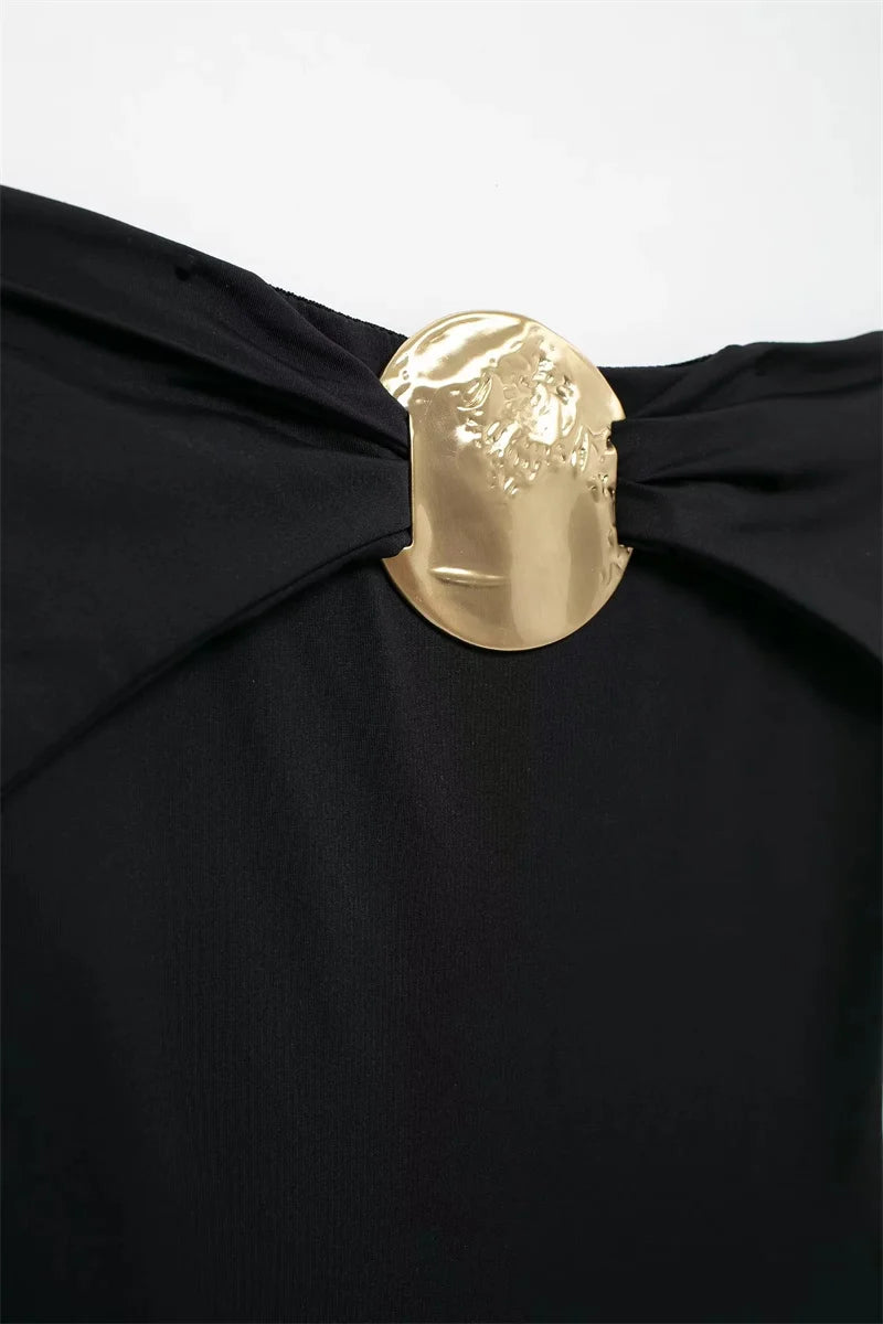 Body bustier femme noir ou marron avec bijou doré au col