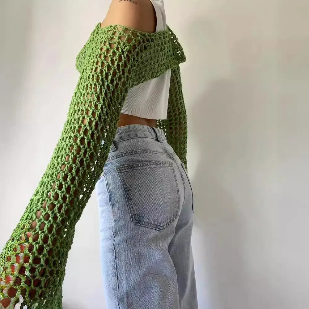Crop top crochet Maora vert avec manches longues évasées