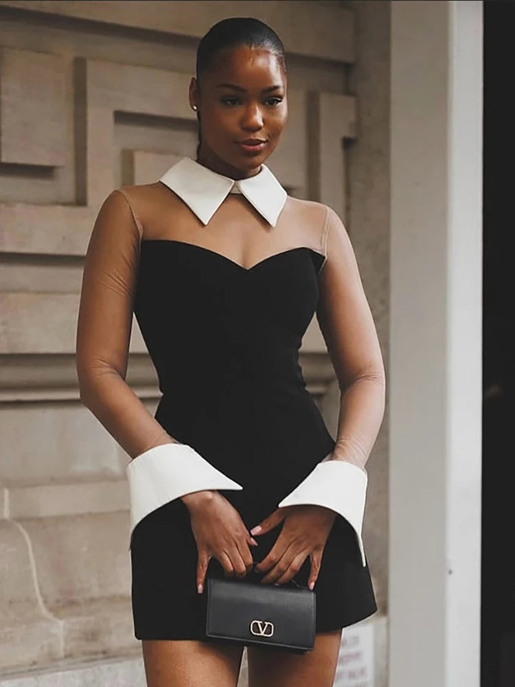 Robe Noire Chic à Col Chemise Blanc