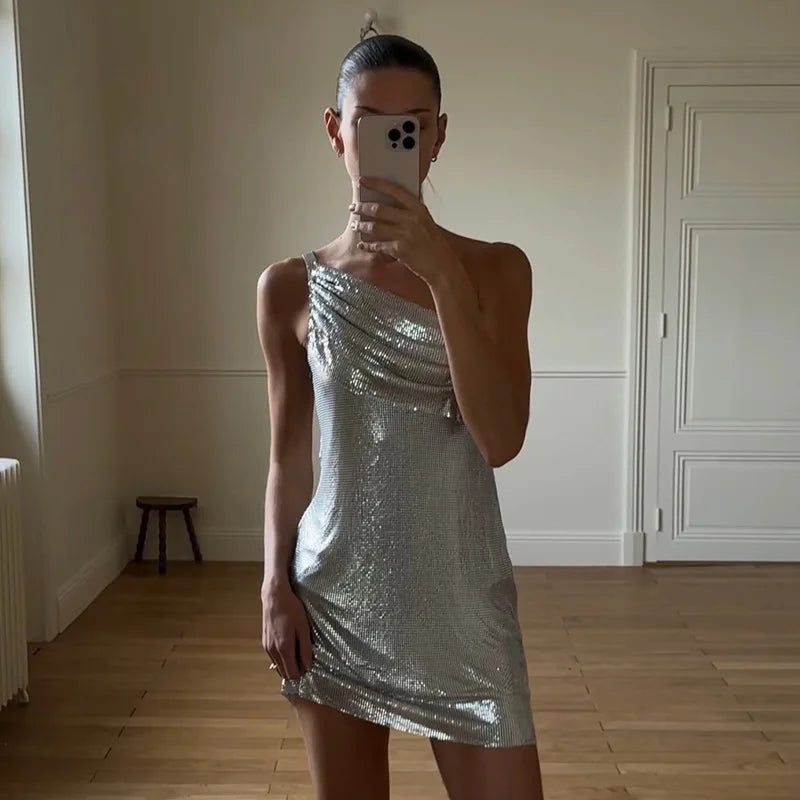Robe Naia argentée courte asymétrique, tenue de soirée été