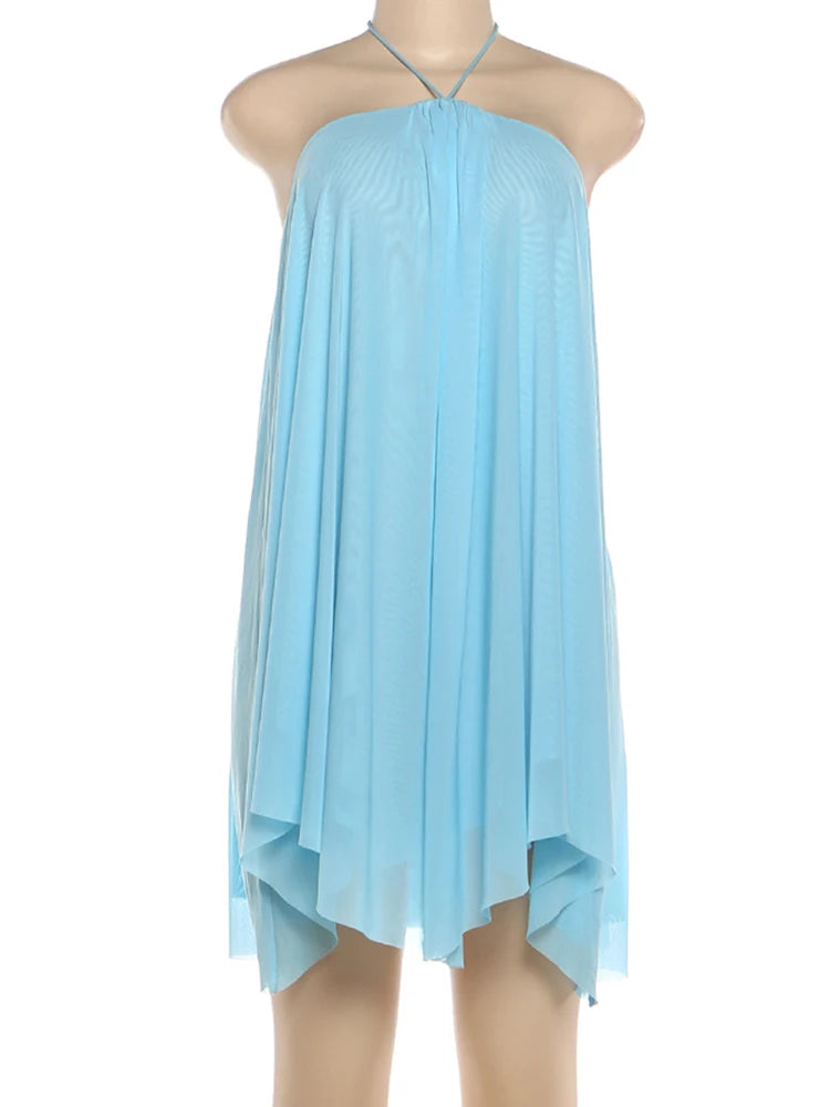 Kliou Y2K Style Mini Dress For Woman Lace-Up Halter Off Shoulder Backless Irregular Hem Hot Girls Street Ruched Elegant Bodycon