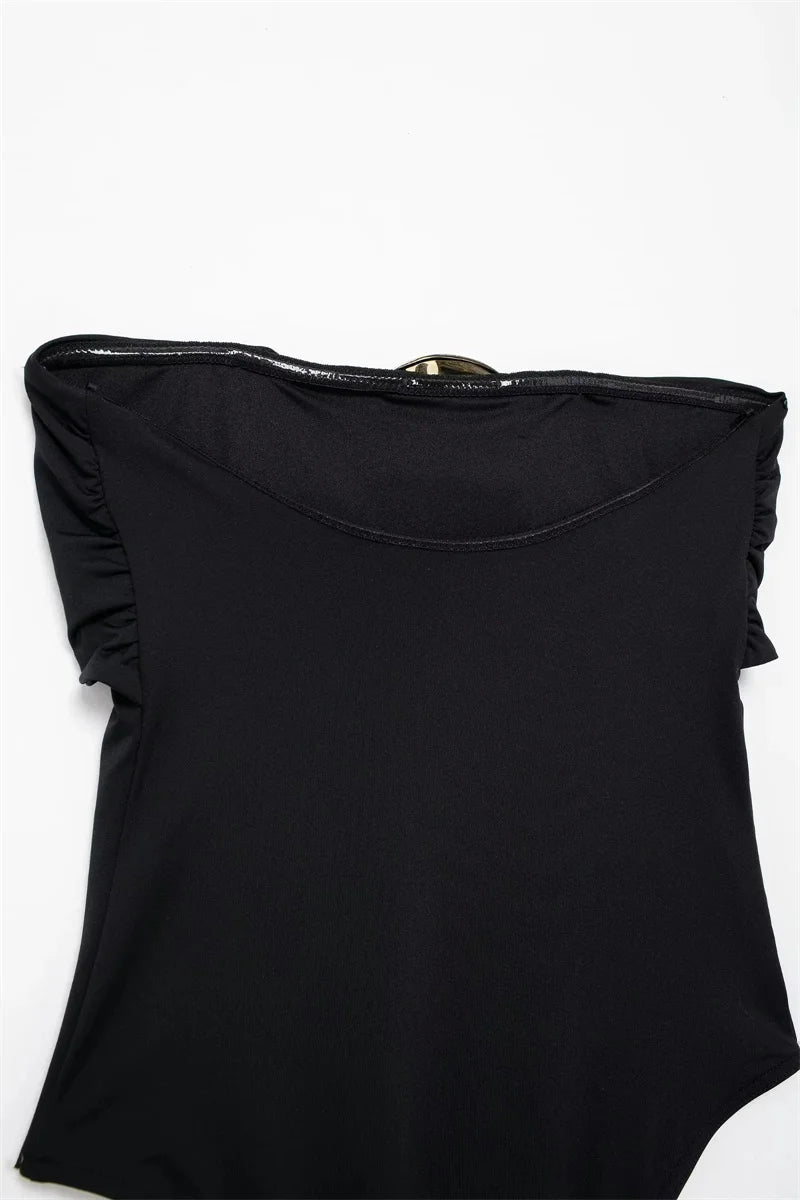 Body bustier femme noir ou marron avec bijou doré au col