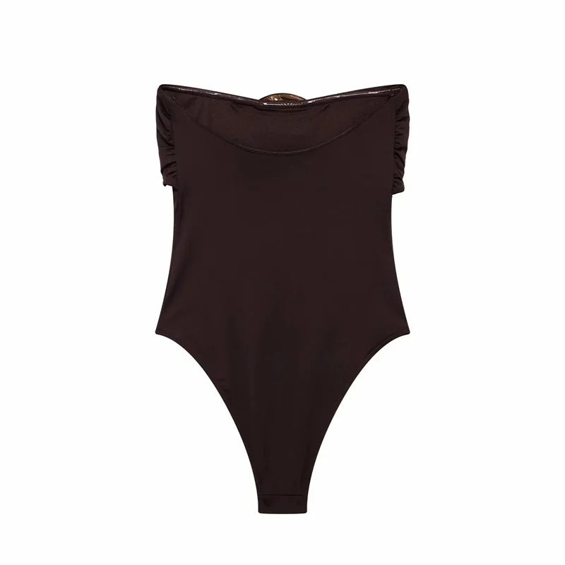 Body bustier femme noir ou marron avec bijou doré au col