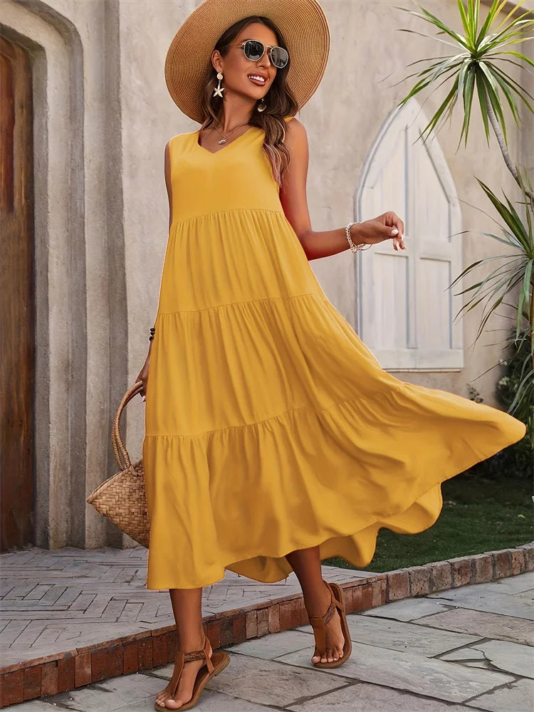 Robe longue d’été fluide Moutarde - photo produit 1