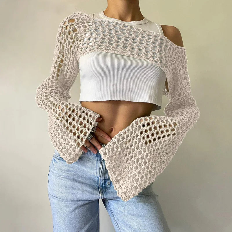 Top Maora gris en maille crochet ajourée