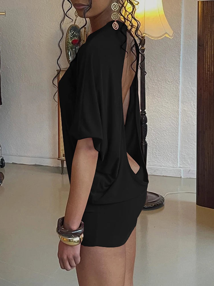 kliou Solid Backless Women Mini Dress Sexy Half Sleeve Crew Neck Slim Vestidos Attractive Coquette Skinny Mujer Party Bodycon