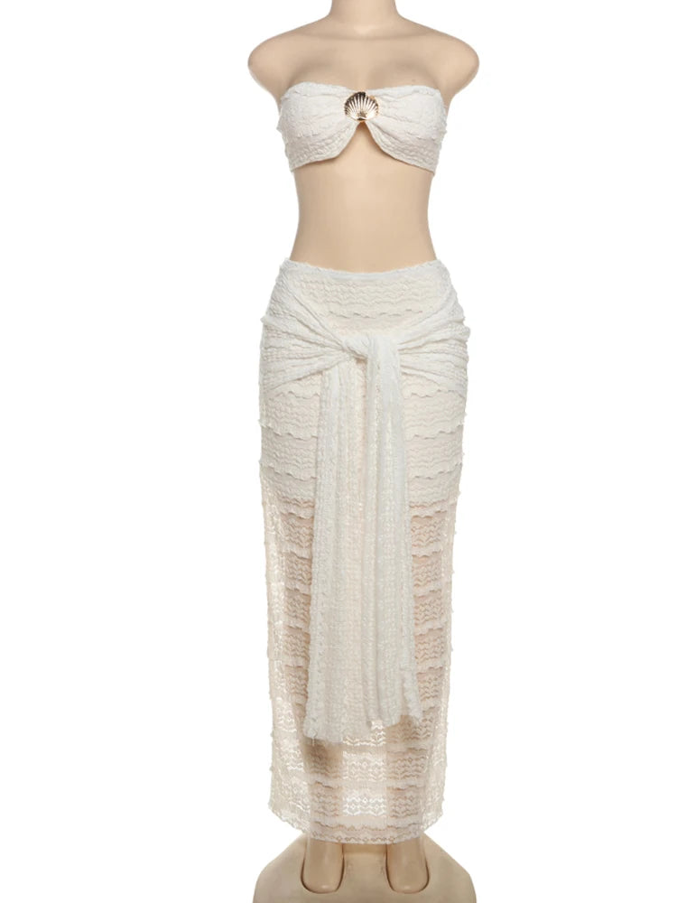 Ensemble Sexy Y2K Femme – Top Coquillage & Jupe Bandage Transparente