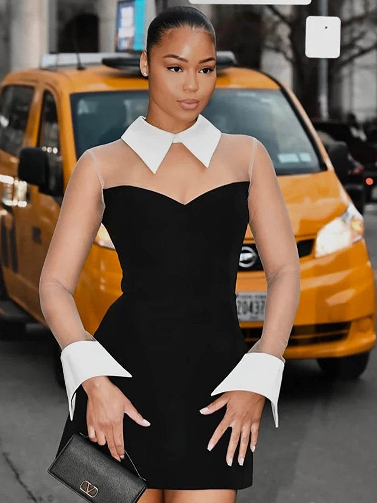 Robe Noire Chic à Col Chemise Blanc