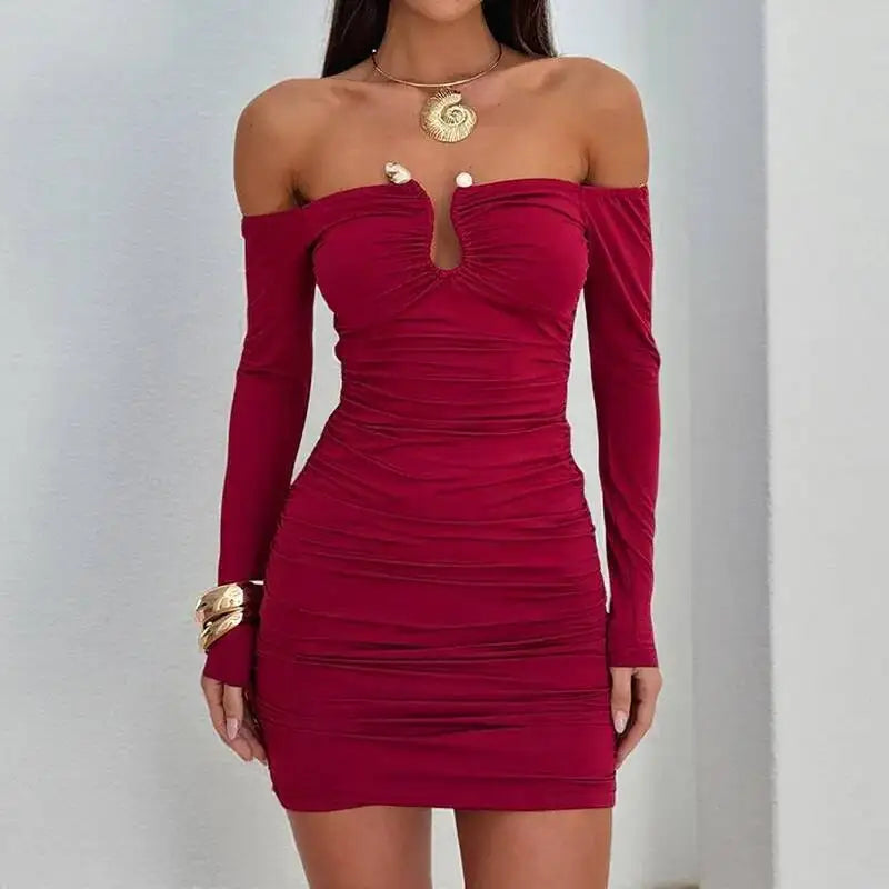 Avrilyaan Metal Hollow Sexy Dress Women 2025 Elegant Party Dress Off Shoulder Long Sleeves Bodycon Mini Autumn Dress Vestidos