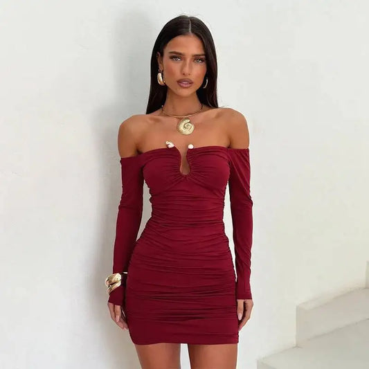 Avrilyaan Metal Hollow Sexy Dress Women 2025 Elegant Party Dress Off Shoulder Long Sleeves Bodycon Mini Autumn Dress Vestidos