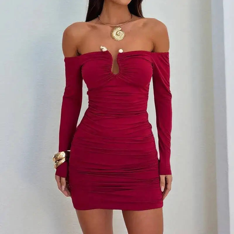 Avrilyaan Metal Hollow Sexy Dress Women 2025 Elegant Party Dress Off Shoulder Long Sleeves Bodycon Mini Autumn Dress Vestidos