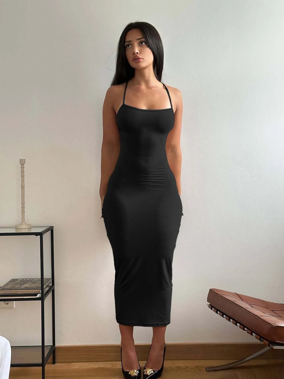 Robe Eléa midi moulante dos nu à bretelles croisées