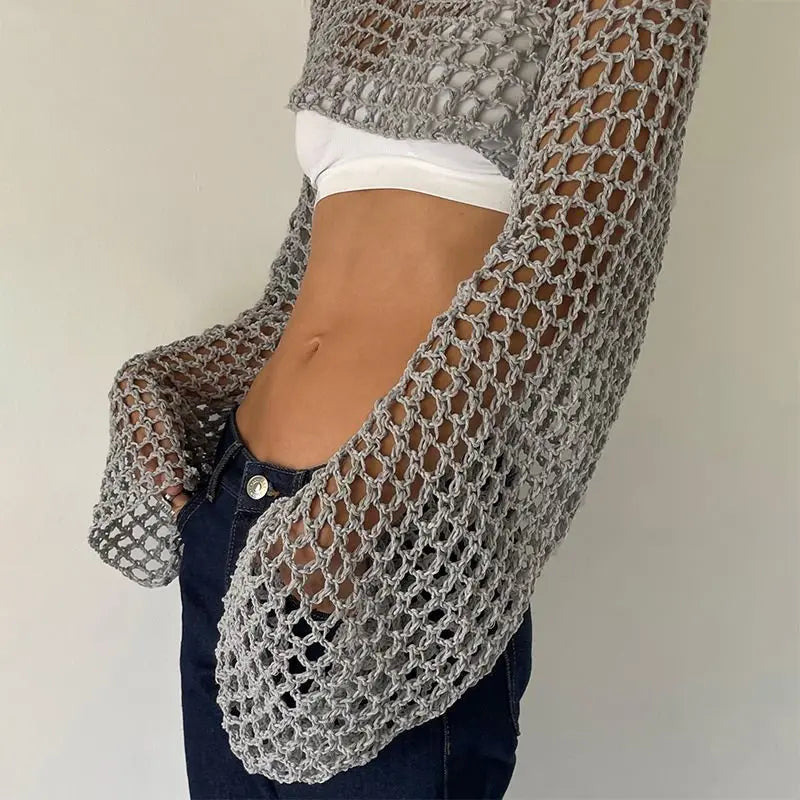 Top Maora crop top crochet manches longues noir