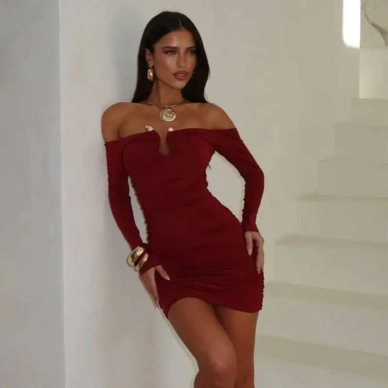 Avrilyaan Metal Hollow Sexy Dress Women 2025 Elegant Party Dress Off Shoulder Long Sleeves Bodycon Mini Autumn Dress Vestidos