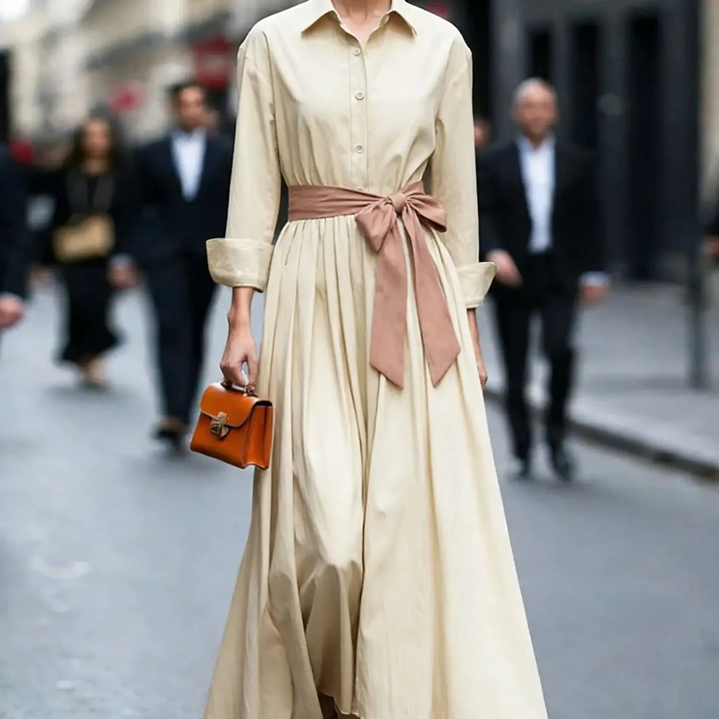 Robe chemise longue écrue ceinturée, vue de face