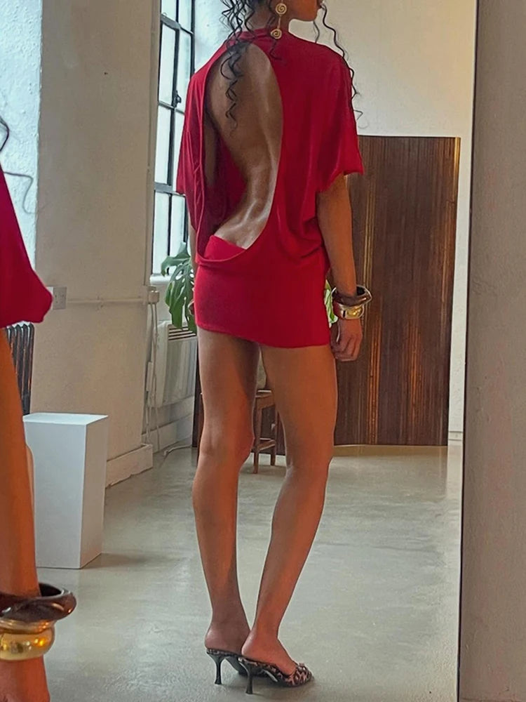 kliou Solid Backless Women Mini Dress Sexy Half Sleeve Crew Neck Slim Vestidos Attractive Coquette Skinny Mujer Party Bodycon