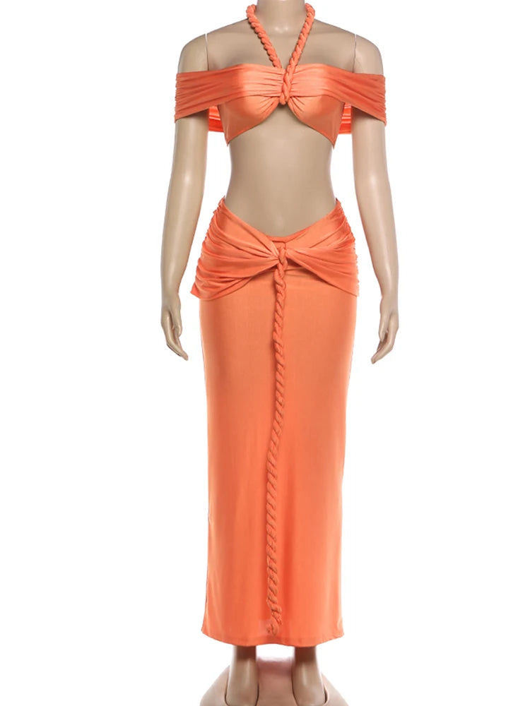 Ensemble deux pièces Solara orange, top dos nu et jupe cheville