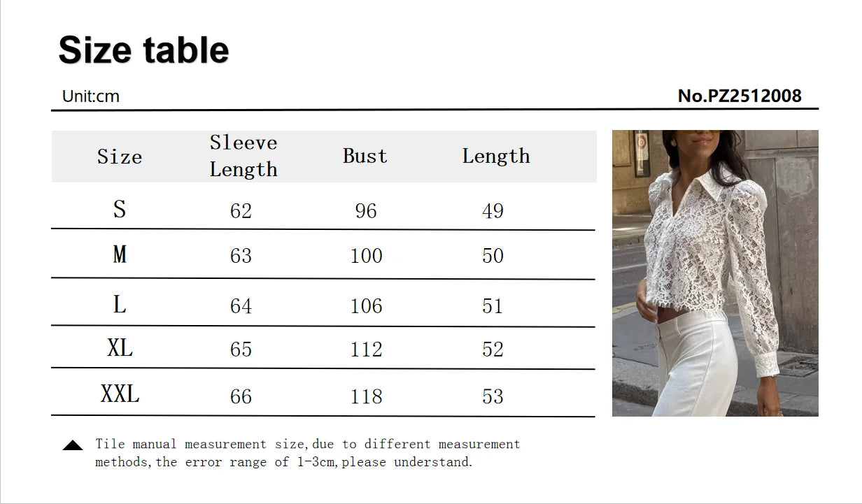 Tableau des mesures du chemisier blanc en dentelle du S au XL
