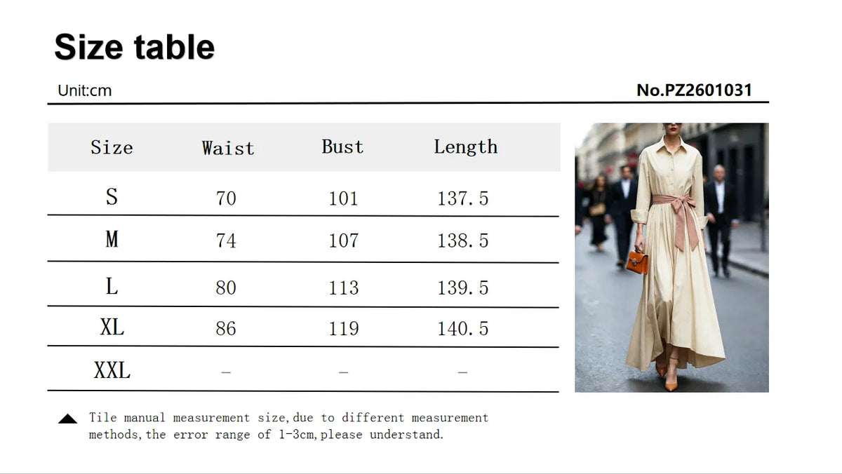 Tableau des mesures de la robe chemise longue du S au XL