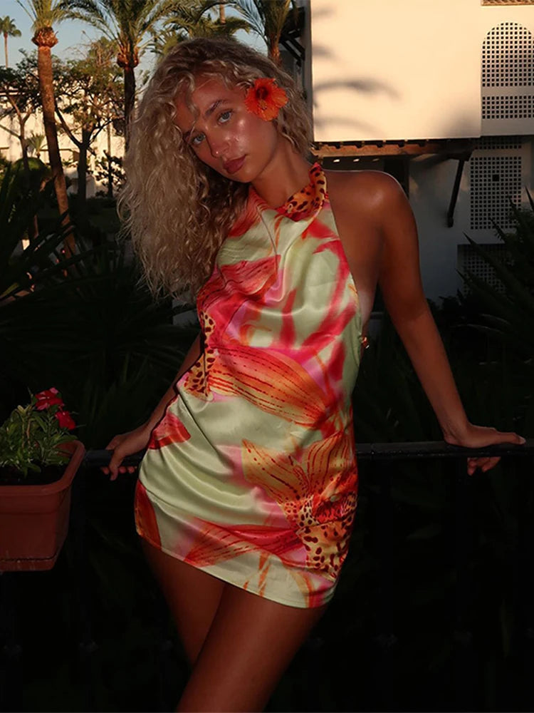Robe dos nu satinée - Fleurs exotiques