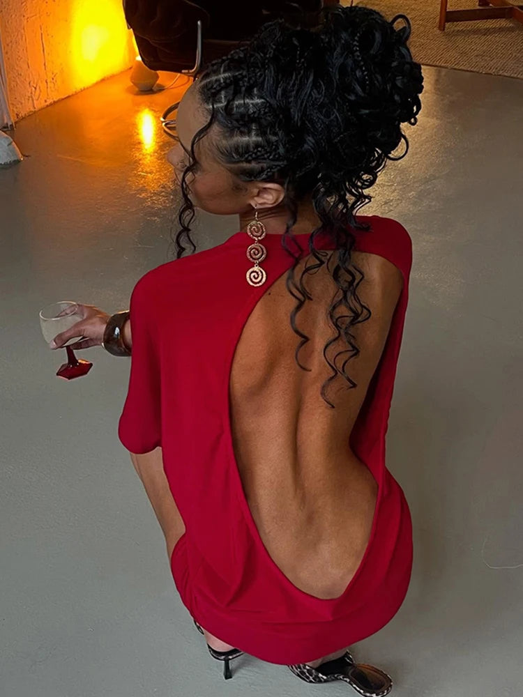 kliou Solid Backless Women Mini Dress Sexy Half Sleeve Crew Neck Slim Vestidos Attractive Coquette Skinny Mujer Party Bodycon