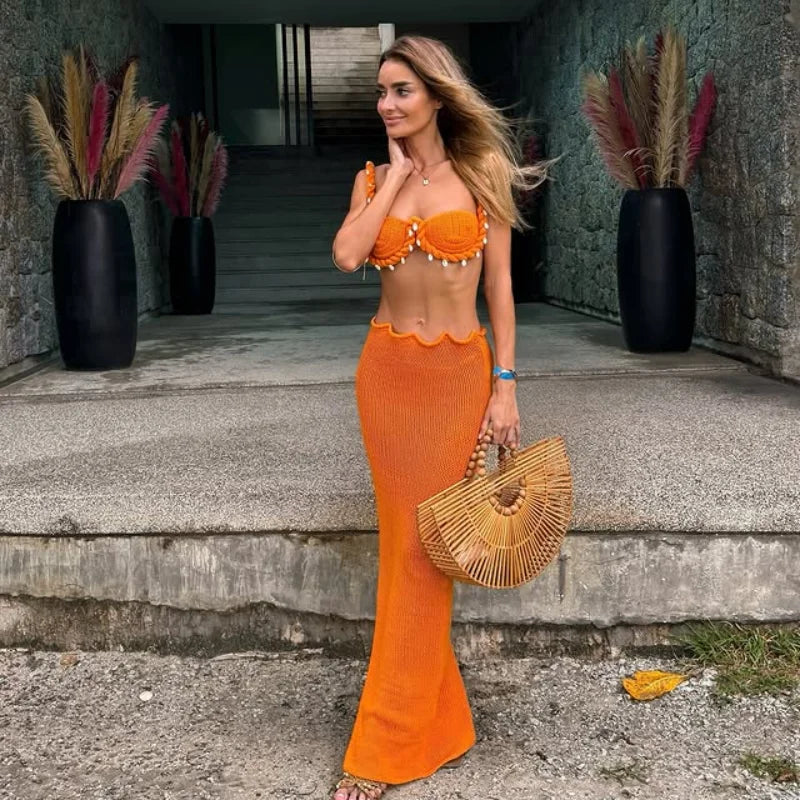 Ensemble crochet orange perlé - Jupe longue