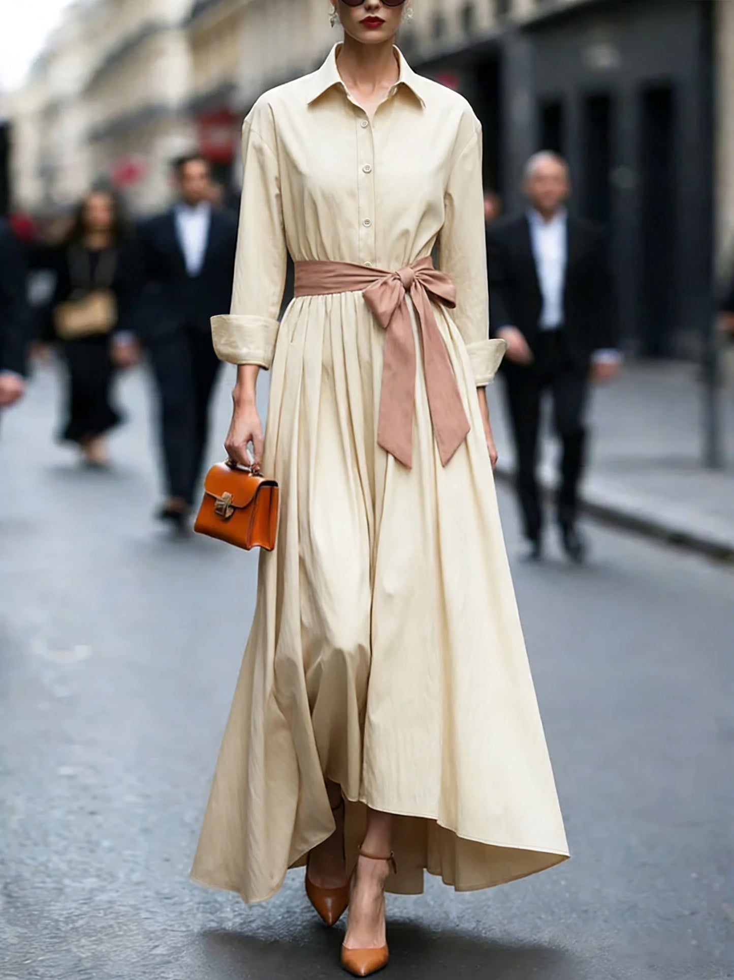 Robe chemise longue écrue portée en ville