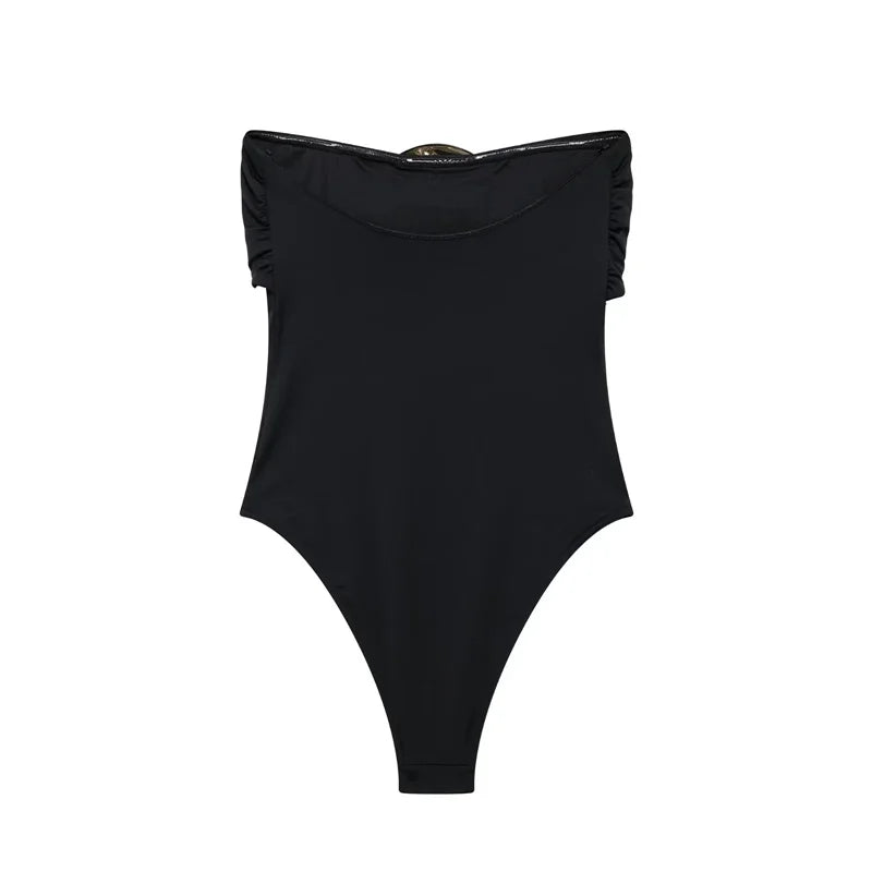 Body bustier femme noir ou marron avec bijou doré au col