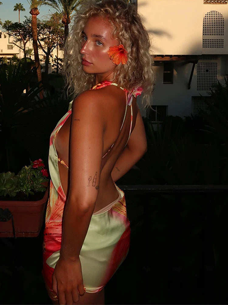 Robe dos nu satinée - Fleurs exotiques