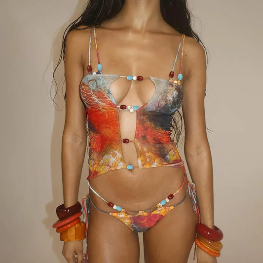 Bikini “Jungle Fire” – Ensemble 3 pièces perlé
