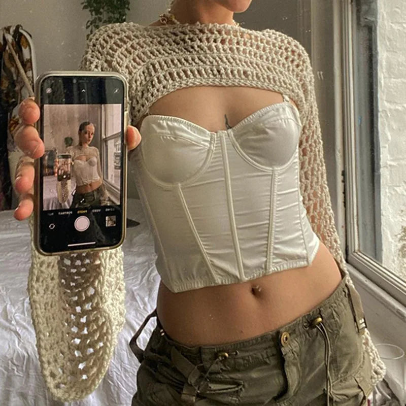 Top crochet manches longues Maora, coupe courte estivale