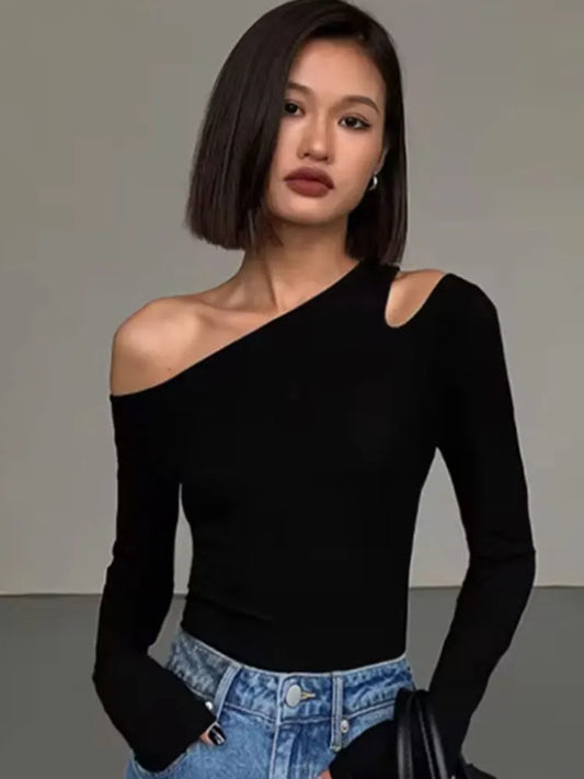 Top asymétrique femme – Épaule dénudée, noir ou blanc, manches longues