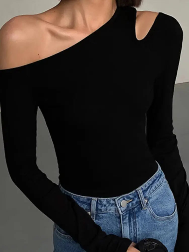 Top asymétrique femme – Épaule dénudée, noir ou blanc, manches longues