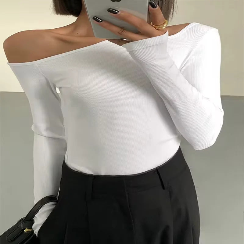Top asymétrique femme – Épaule dénudée, noir ou blanc, manches longues